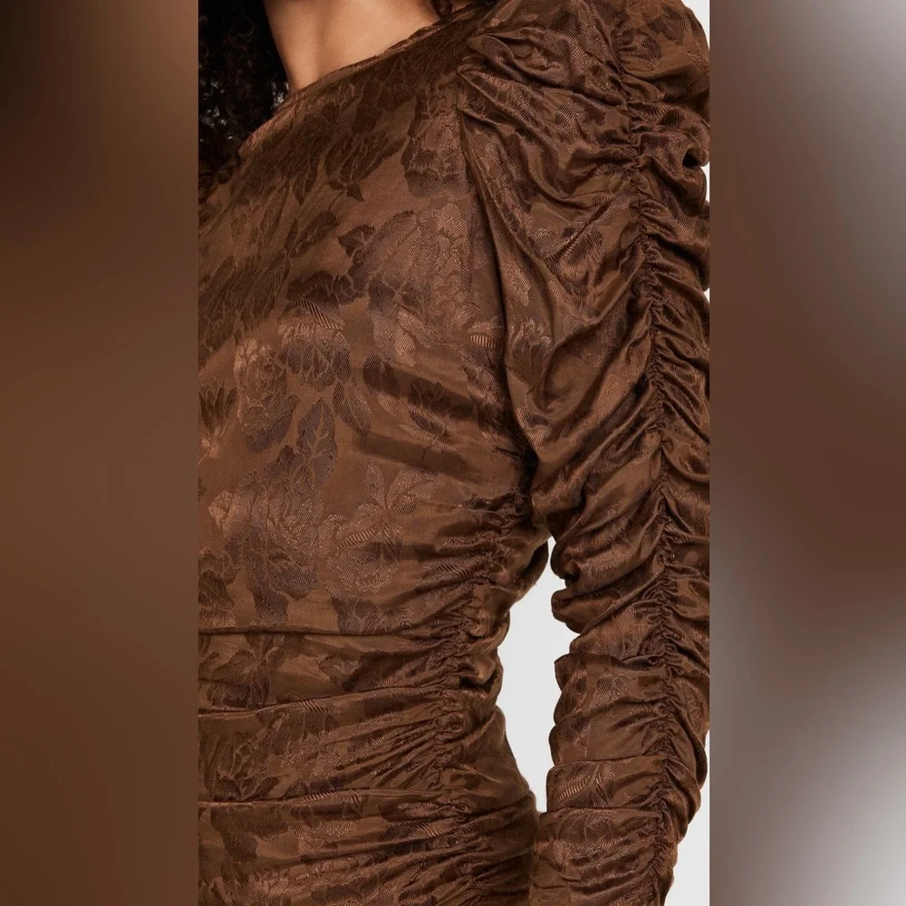 NWT ByTimo Jacquard Chocolate Brown Floral Ruched Ruffled Georgette Mini Dress - Picture 2 of 15